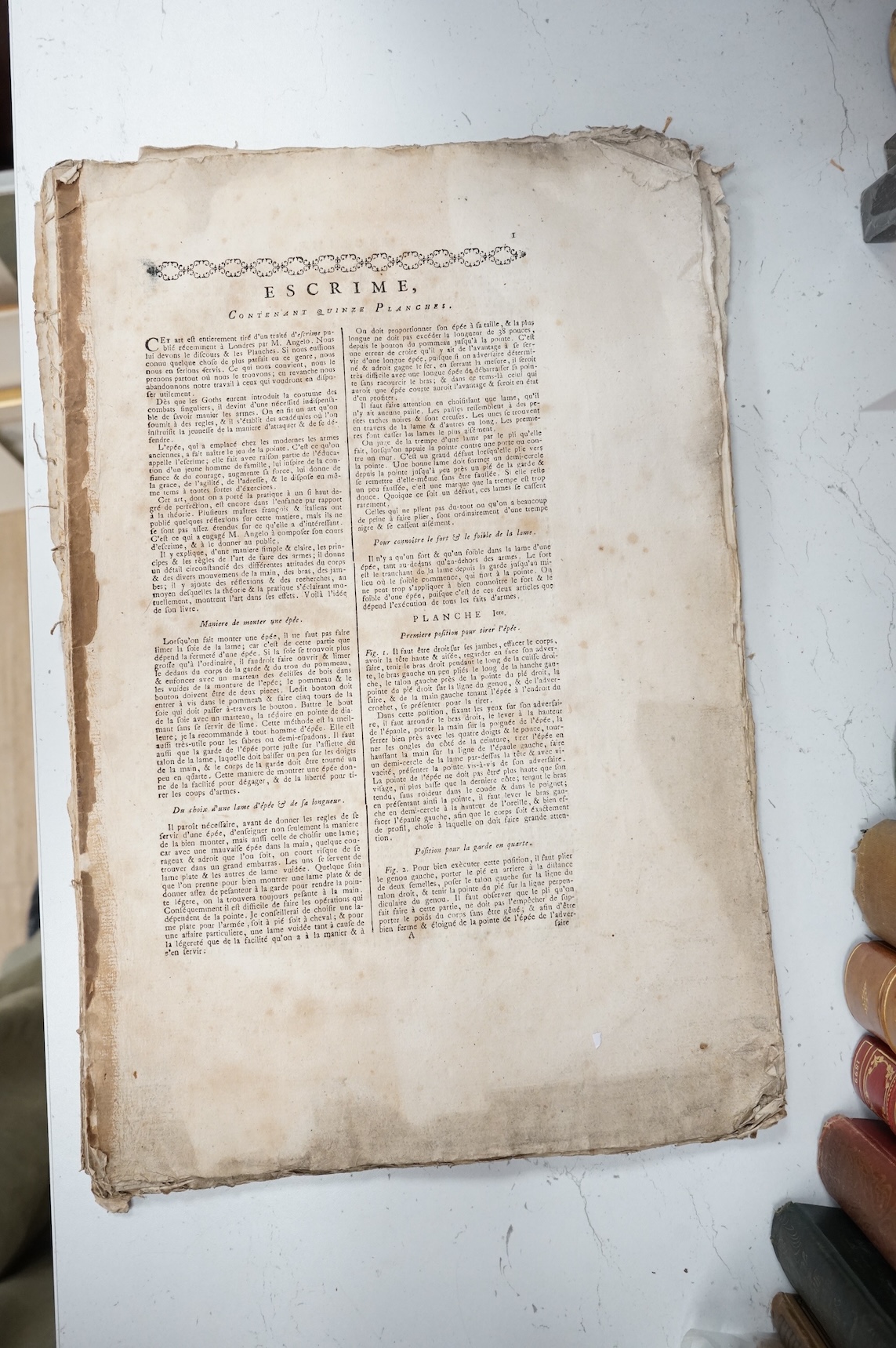 Angelo, Dominico (1716-1802) - Escrime (Fencing) folio, disbound, 15pp., 15 engraved plates - The article Escrime, previously published separately under the title L'École des armes (London, 1763), is extracted from Dider